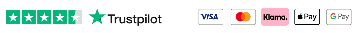Trustpilot rated. Accepted payment methods: Visa, Mastercard, Klarna, Apple Pay, Google Pay